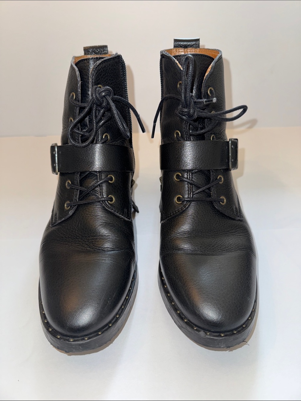 Sezane Black Leather Lace-Up Ankle Boots with Strap